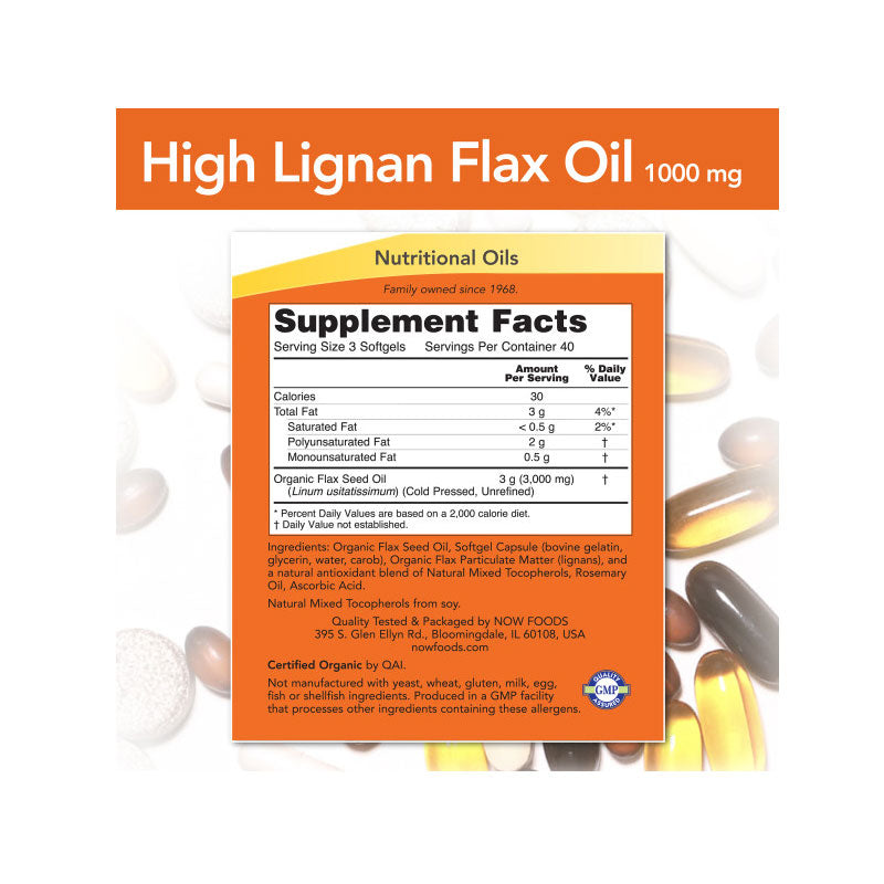 NOW Foods NOW1780 High Lignan Flax Oil Organic - 120 softgels